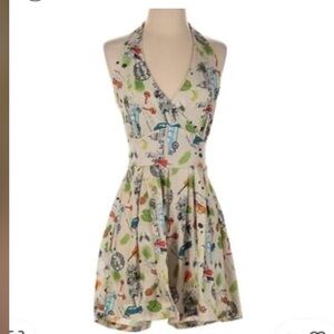 NWT Lindy Bop Cream romper babydoll halter lie back Tiki Print Dress elastic
